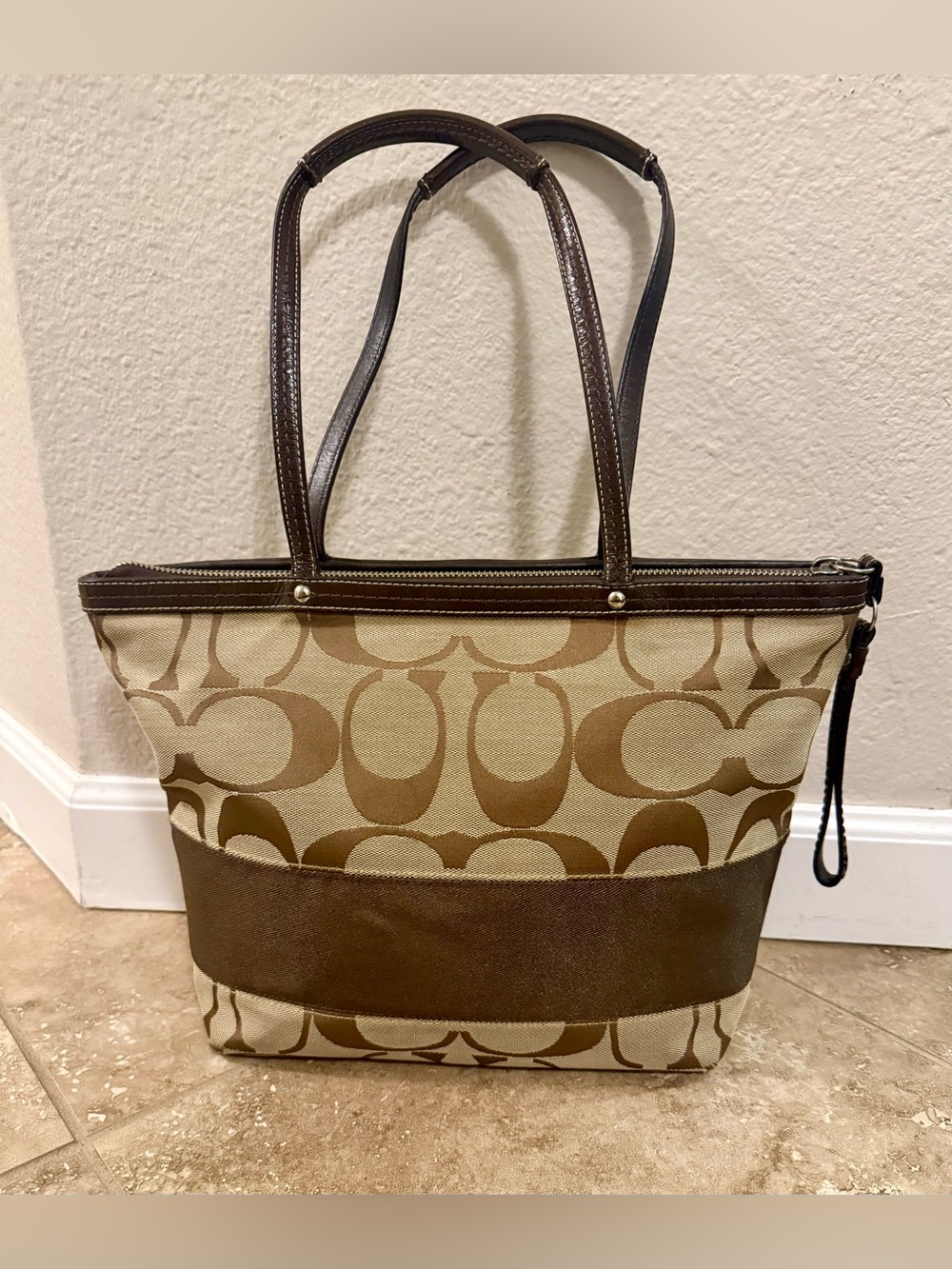 Vintage Y2K Coach Khaki and Brown Signature Stripe Canvas Tote